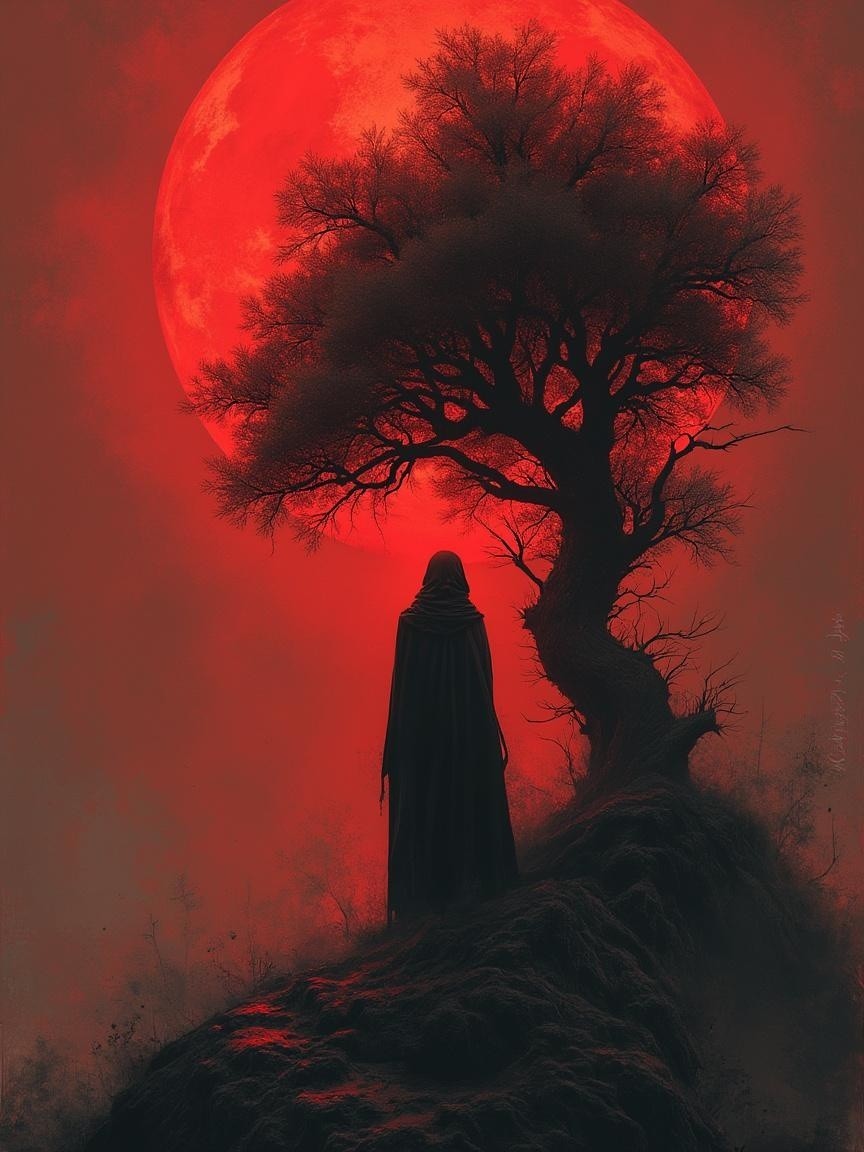 Cloaked Figure on Hill Under Red Full Moon