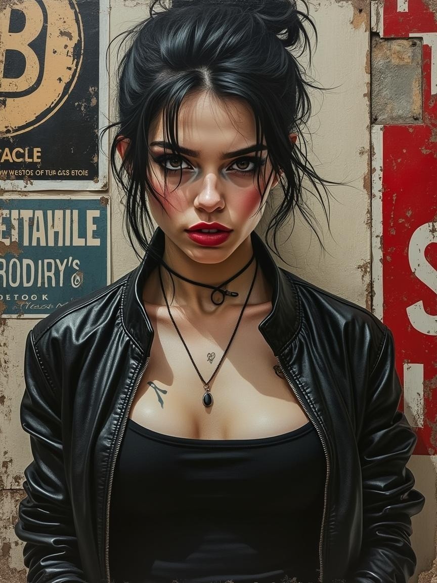 Young Woman in Edgy Style Against Vintage Wall