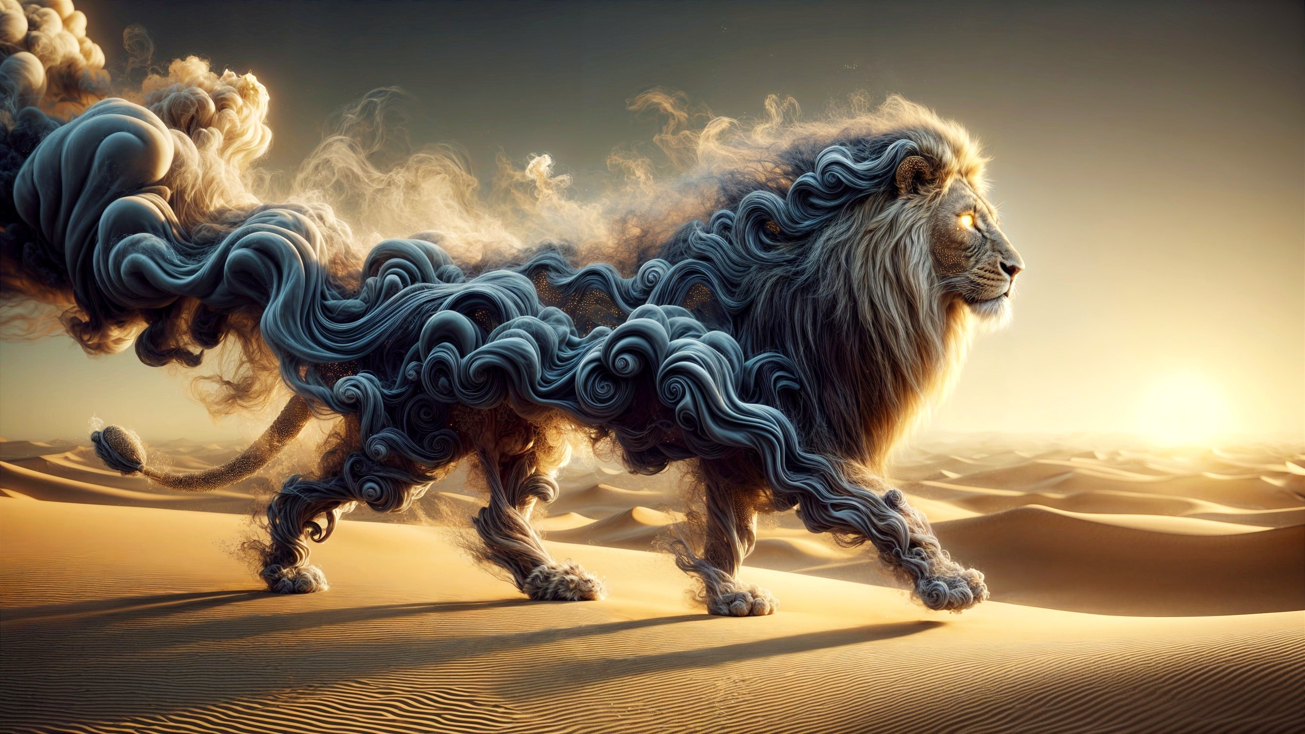 Lion Formed from Clouds in a Dreamlike Desert Scene