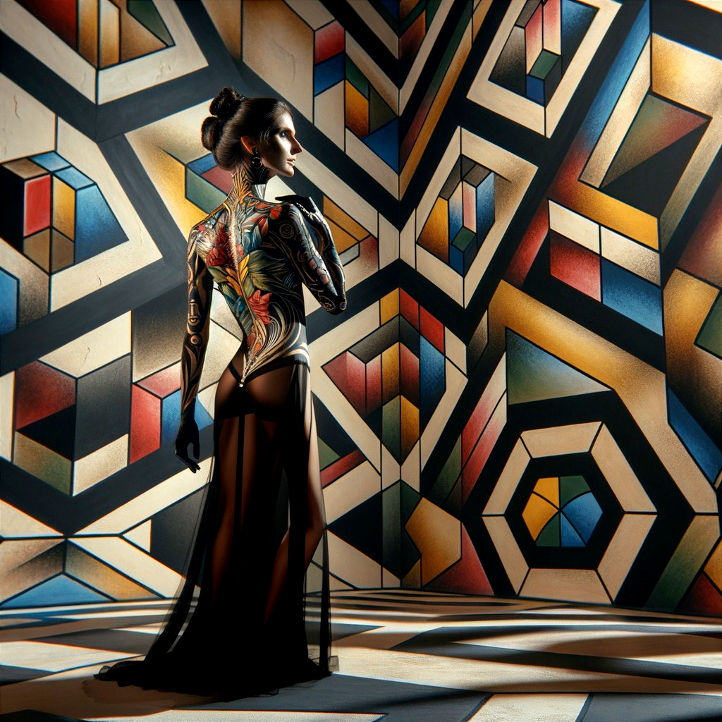Model Posed Against Colorful Geometric Mural