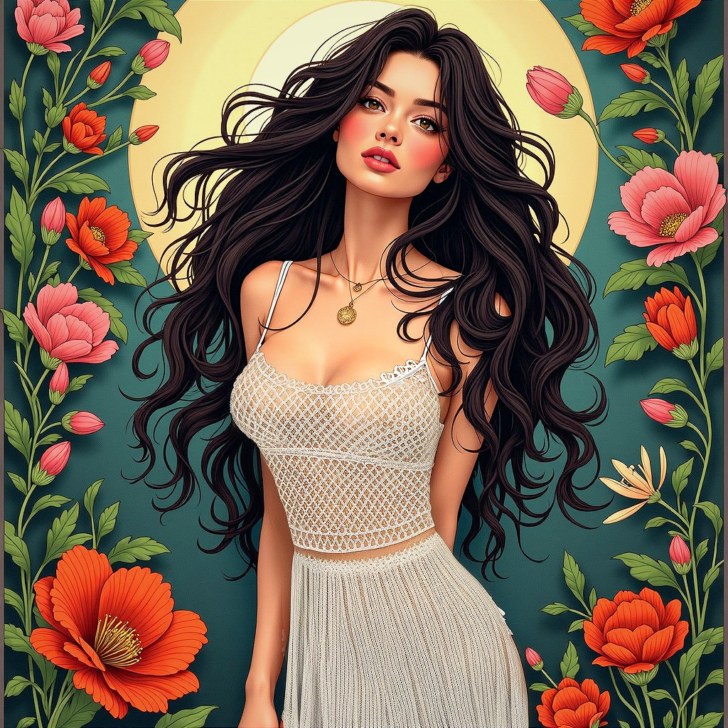 Young woman in white dress with floral backdrop