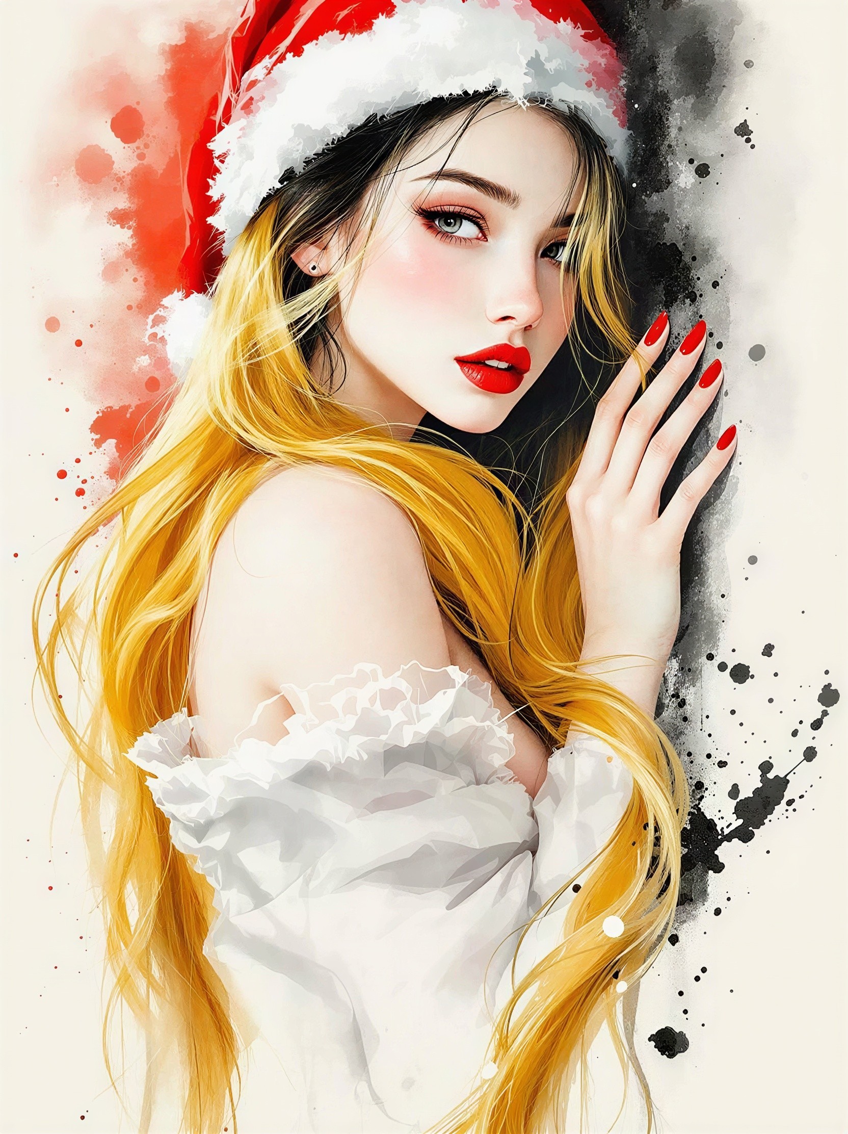 Realistic Watercolor of Young Woman in Festive Attire