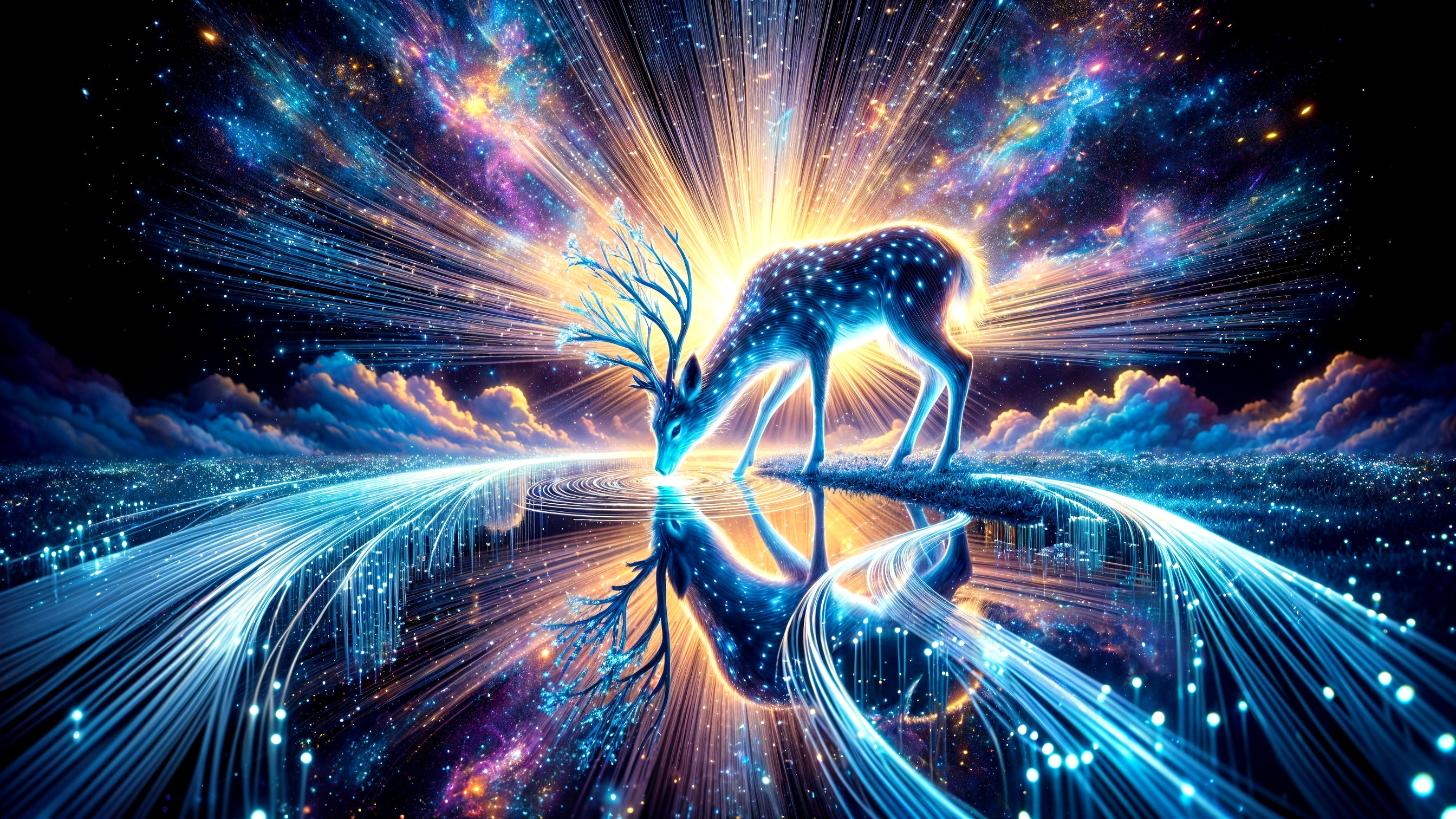 Luminous Deer in a Cosmic Landscape at Sunset