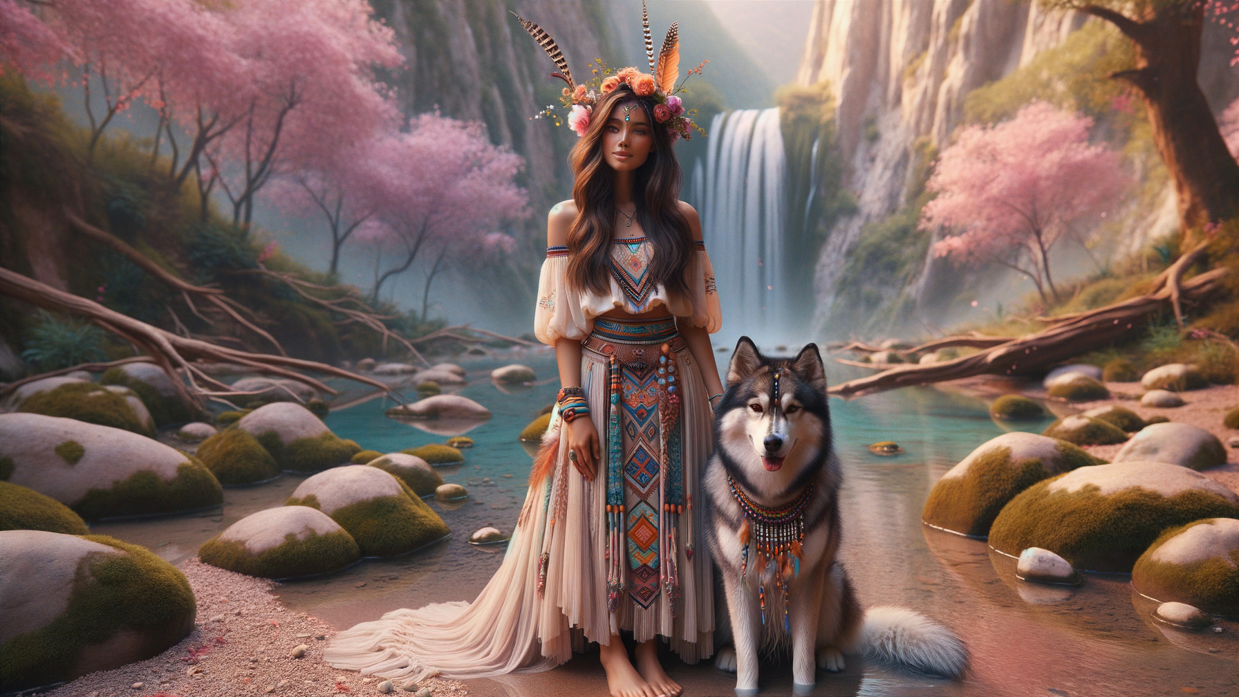 Serene Landscape with Woman and Majestic Wolf