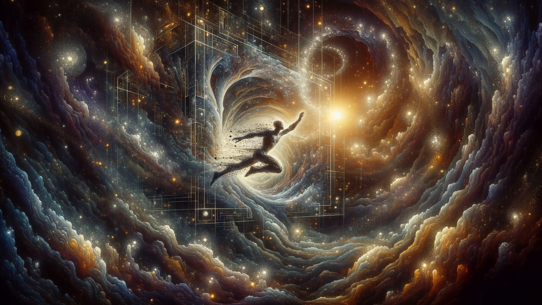Dynamic figure in vibrant cosmic colors and nebula