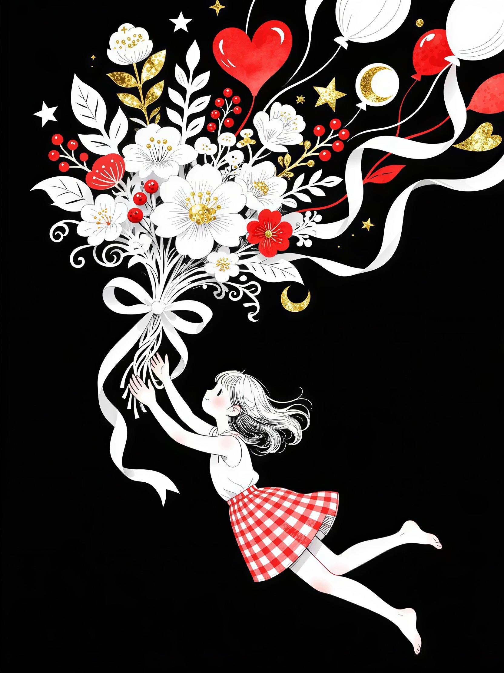 Watercolor Illustration of Flowers and Hot Air Balloons