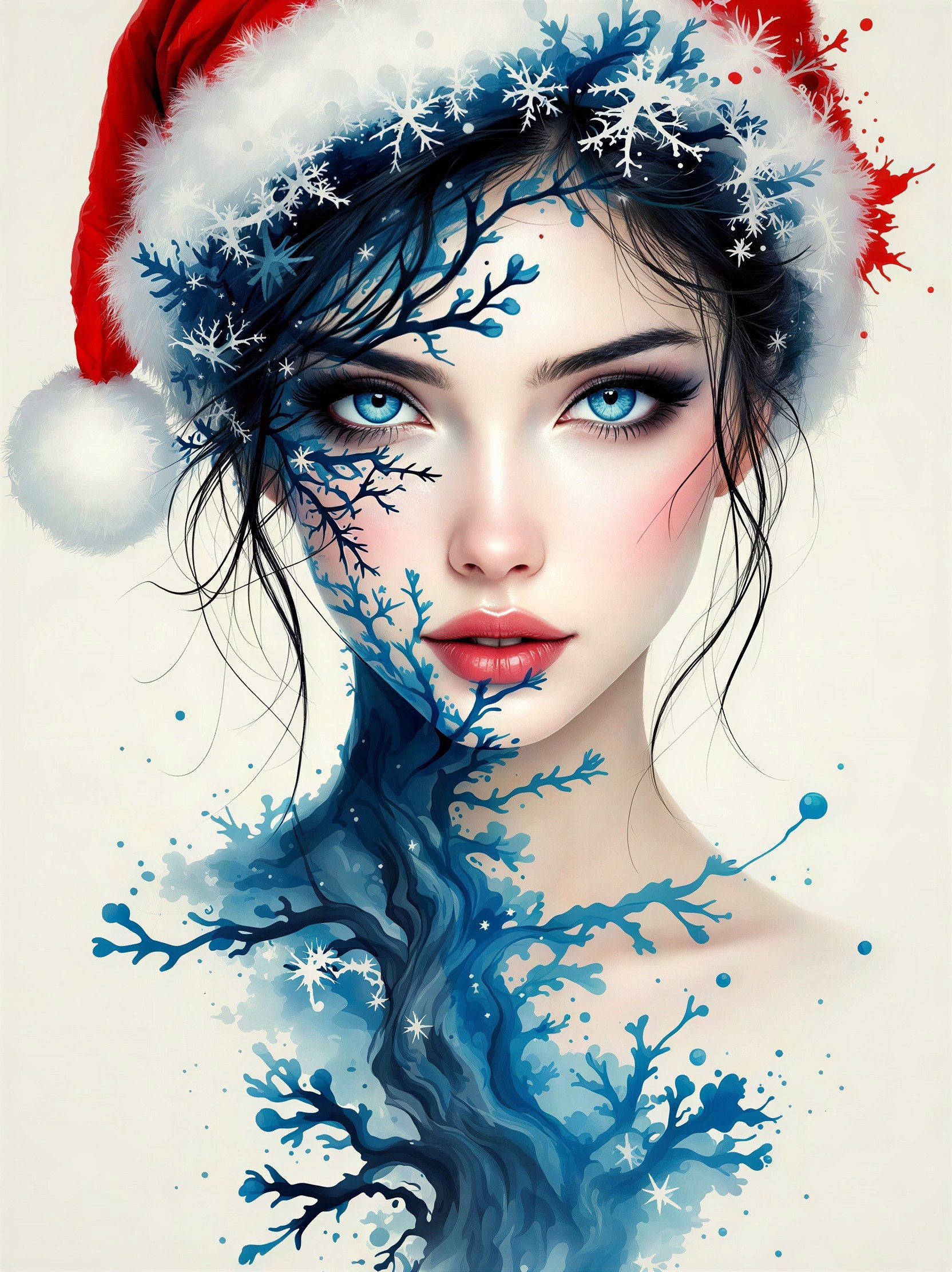 Close-up of a woman in Santa hat with blue ink patterns