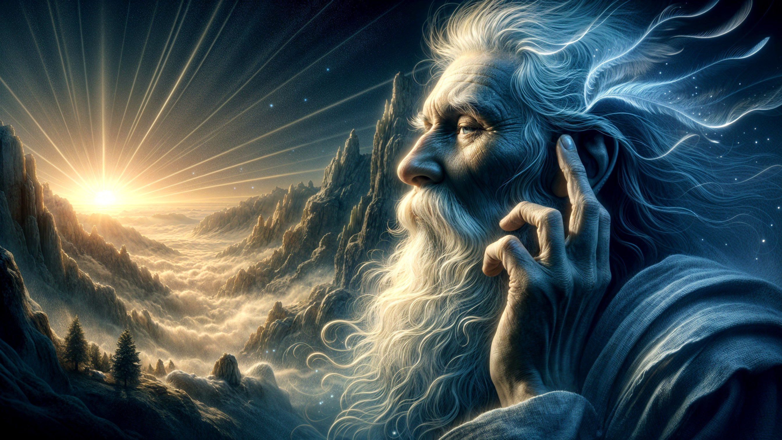 Ethereal figure with beard amidst majestic mountains