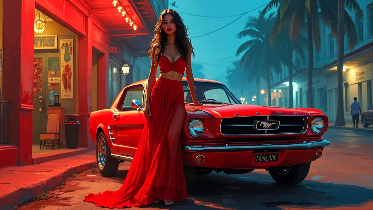 Woman in Red Dress by Classic Red Mustang at Sunset