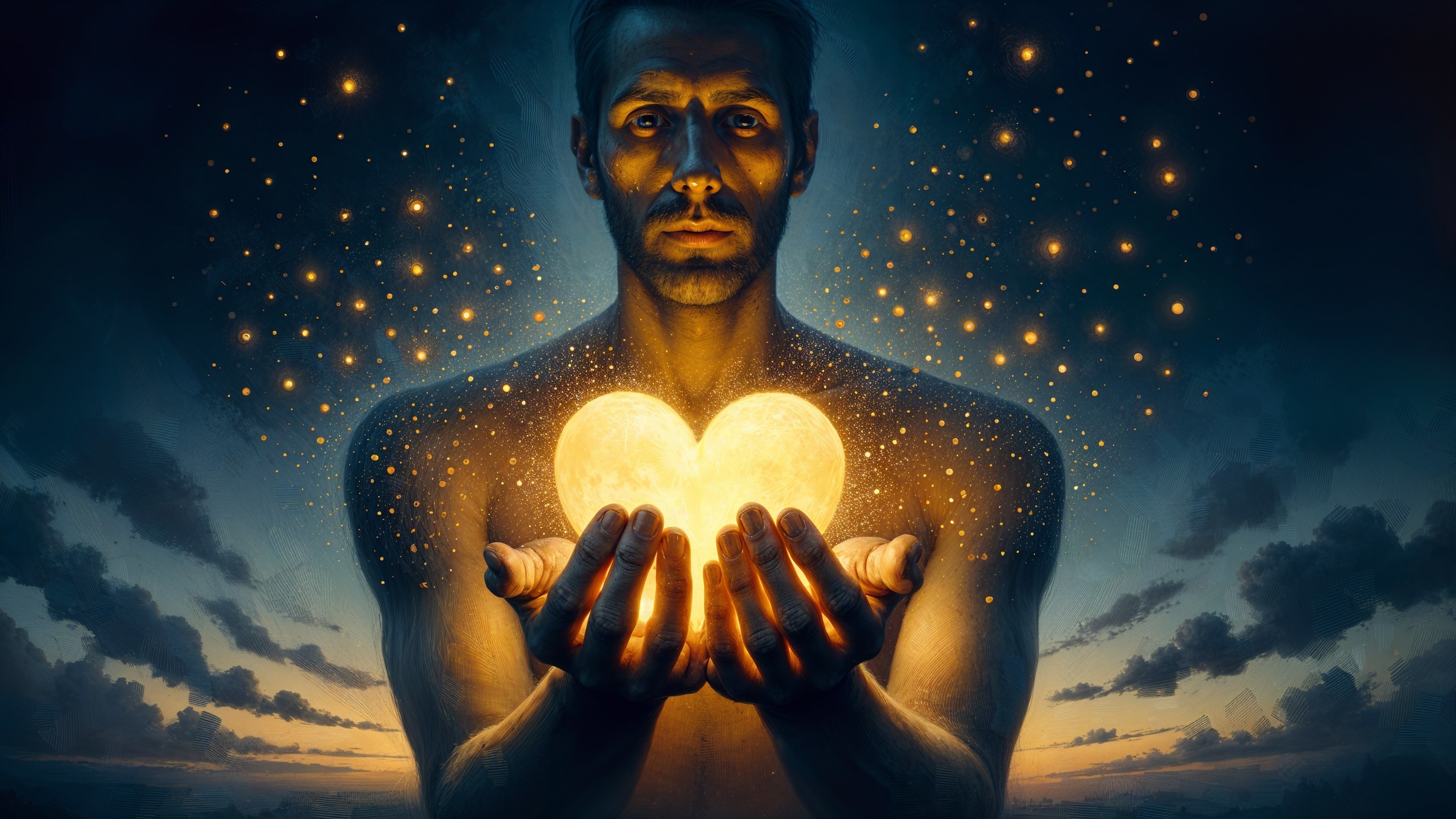 Man in Twilight Landscape with Glowing Heart