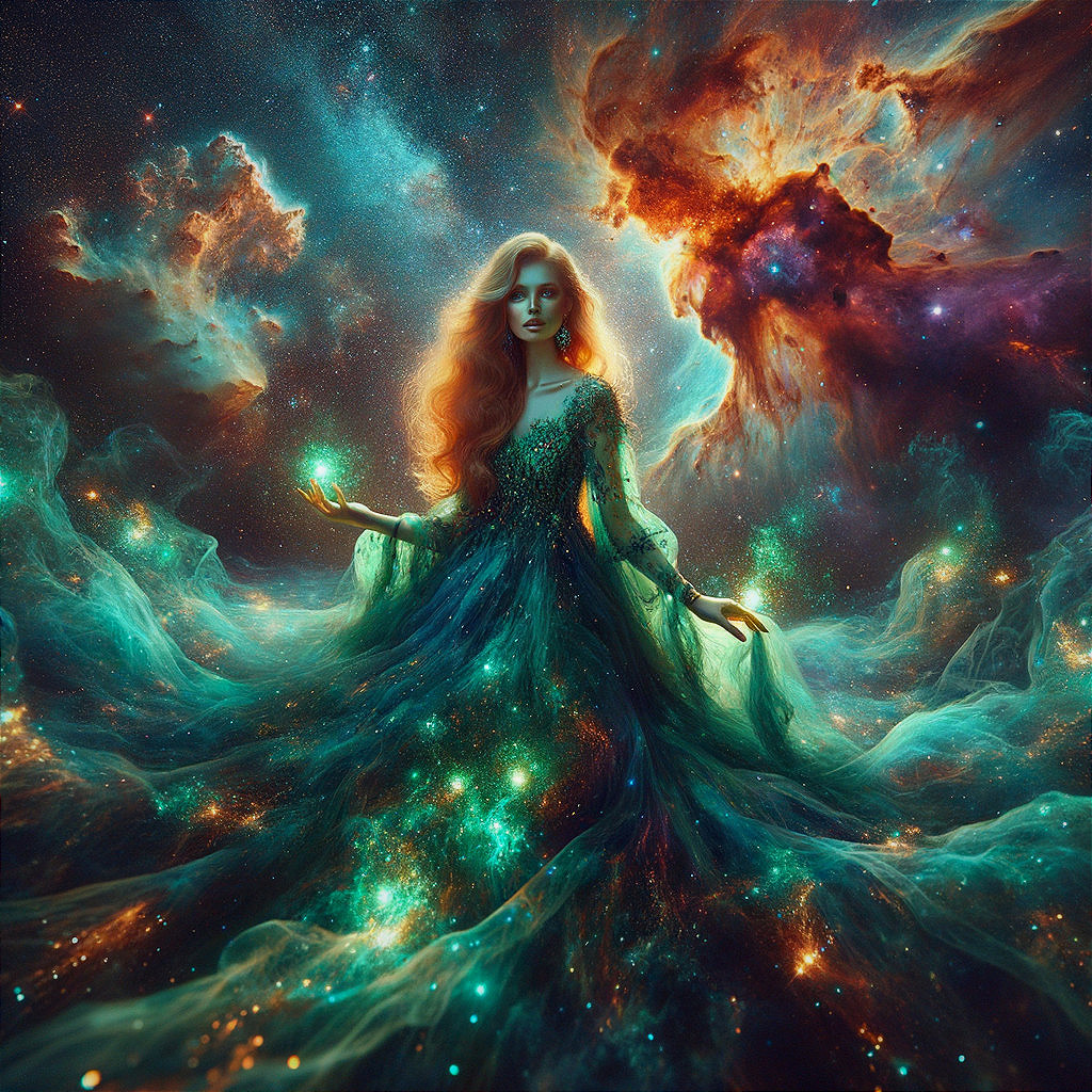 Celestial Figure in Vibrant Cosmic Backdrop