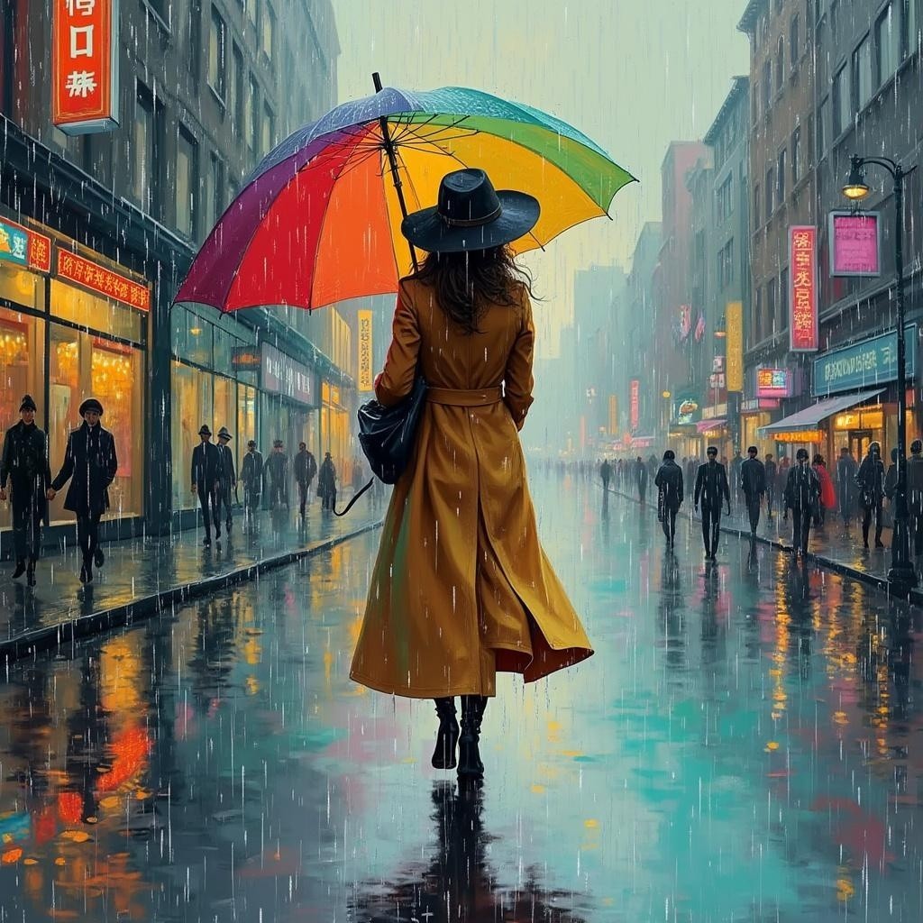 Vibrant Urban Scene with Rain and Colorful Umbrella