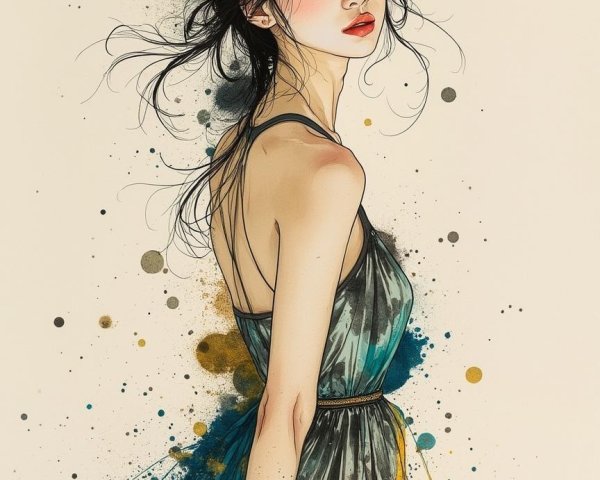 Illustration of a Young Woman in Teal and Gold Dress