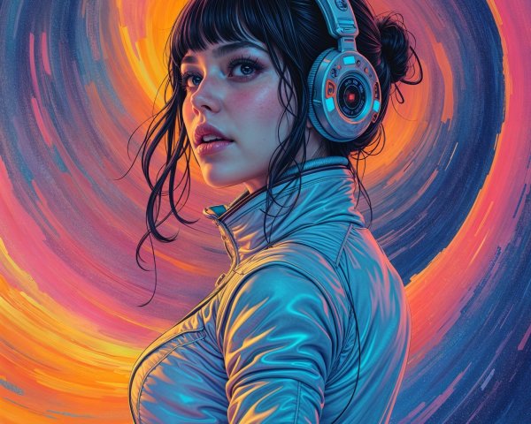 Young woman in silver jacket with vibrant background