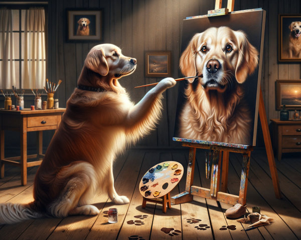 Golden Retriever Painting Portrait in Warmly Lit Room