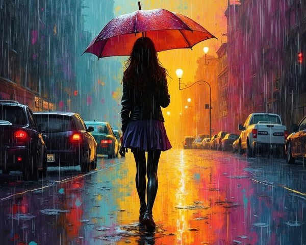 Lone Figure with Red Umbrella in Vibrant Rainy City