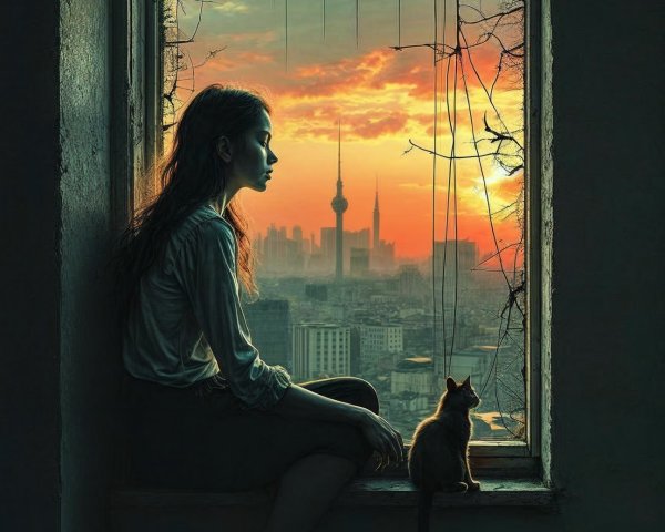 Woman gazing at sunset with cat in serene setting