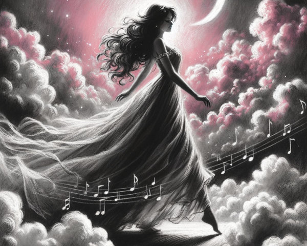 Serene figure in gown walking on clouds at night