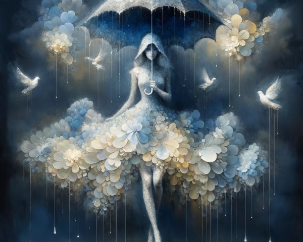 Whimsical Figure Under Flower-Adorned Umbrella