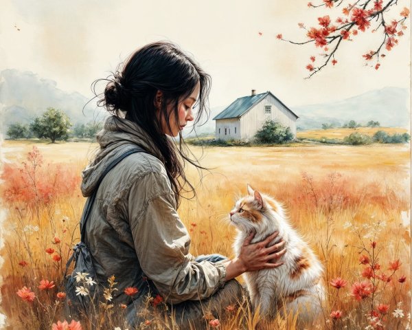 Young Woman with Cat in Vibrant Flower Field