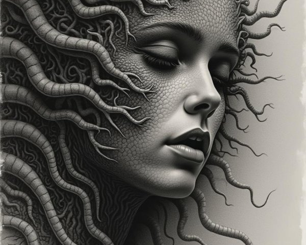 Monochromatic Artwork of Female Figure with Snake Hair