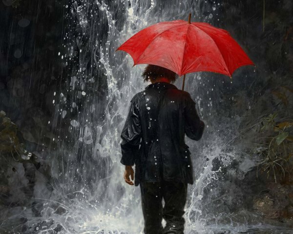 Person in black rain gear walking in a stream by a waterfall