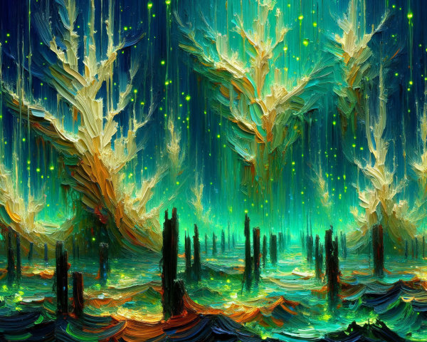 Ethereal Landscape with Luminescent Trees and Colors