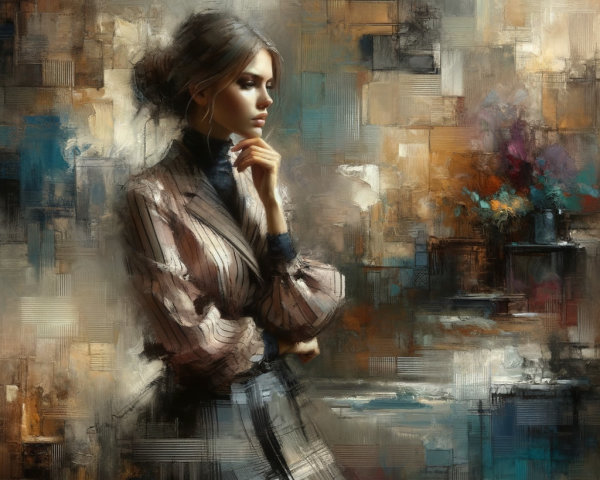 Contemplative Woman in Elegant Blouse Against Abstract Background