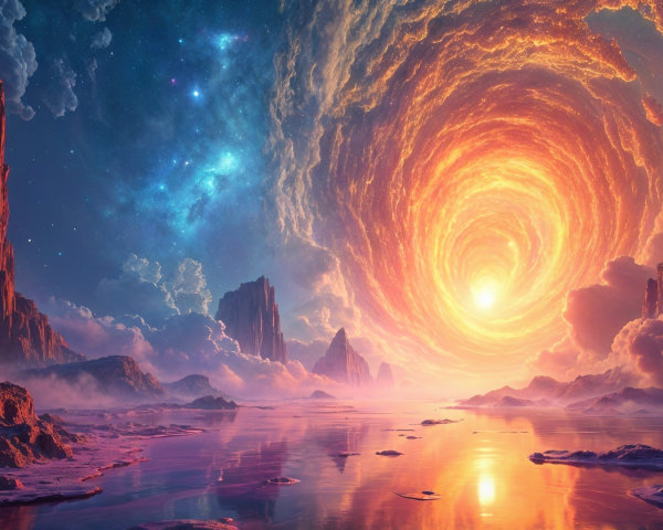 Swirling Vortex of Orange Light in Cosmic Landscape