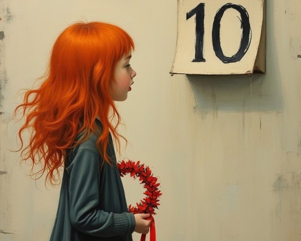 Young girl with red hair holding wreath and calendar