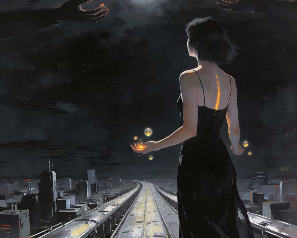 Oil painting of a woman at sunrise with glowing orbs