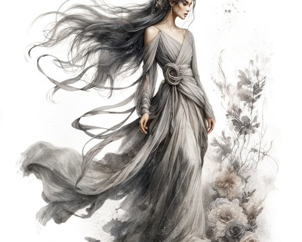 Ethereal figure in flowing gown with floral accents