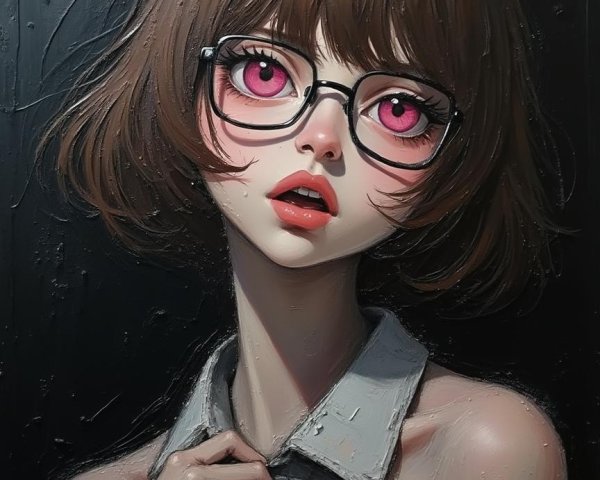 Portrait of a Young Woman with Pink Eyes and Glasses