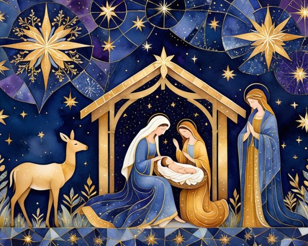 Watercolor Nativity Scene in Stained-Glass Style