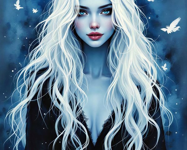 Ethereal Woman with White Hair in Dark Blue Setting