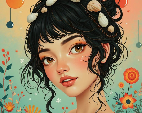 Young woman with seashells in wavy hair and pastel backdrop