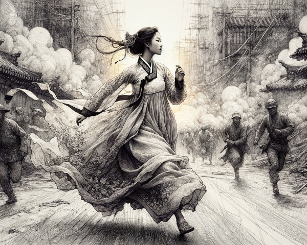 Young Woman in Hanbok Amidst War-Torn Chaos
