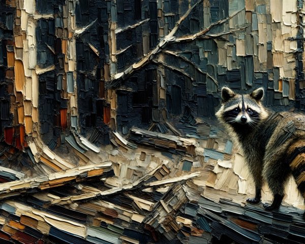Raccoon on a Log in Impressionistic Forest Scene