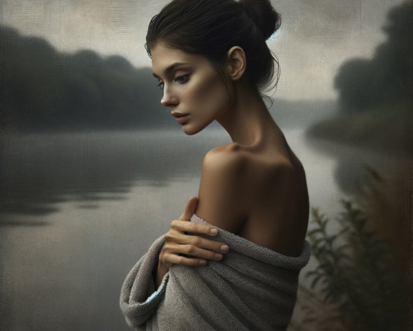 Contemplative Woman by Serene River in Misty Landscape