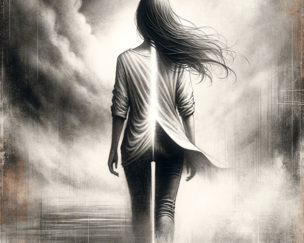 Lone Figure Against Dark Clouds and Light Contrast
