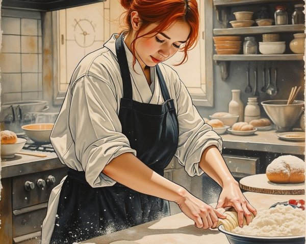 Young woman kneading dough in rustic kitchen setting
