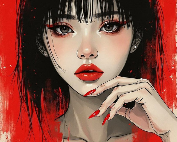 Portrait of a Young Woman with Bold Red Accents