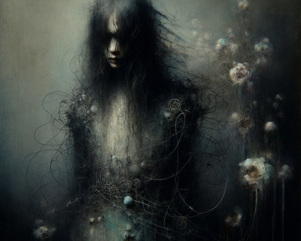 Haunting Figure Surrounded by Ethereal Tendrils and Flowers