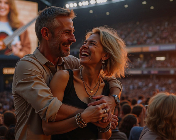 Couple Embraces at Lively Concert with Vibrant Crowd