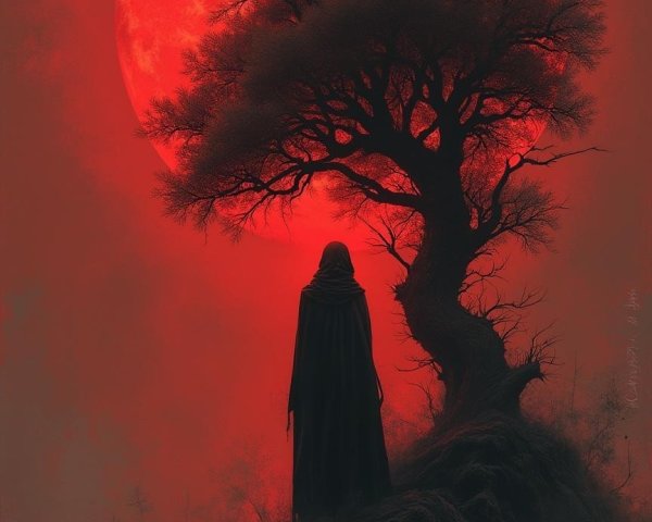 Cloaked Figure on Hill Under Red Full Moon