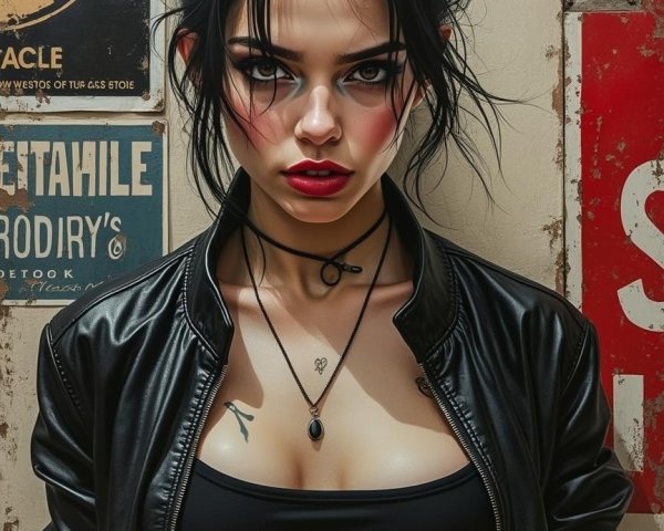 Young Woman in Edgy Style Against Vintage Wall