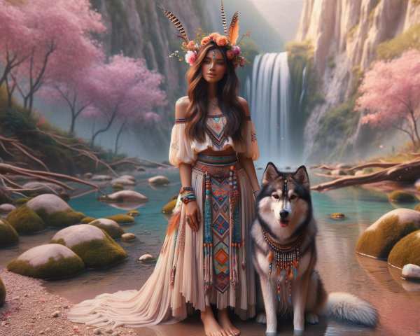 Serene Landscape with Woman and Majestic Wolf