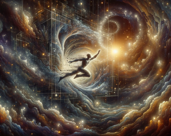 Dynamic figure in vibrant cosmic colors and nebula