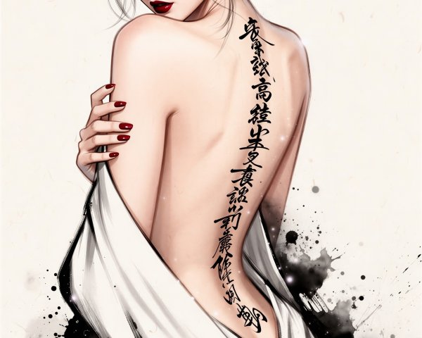 Detailed Painting of Asian Woman with Tattoo and Dress