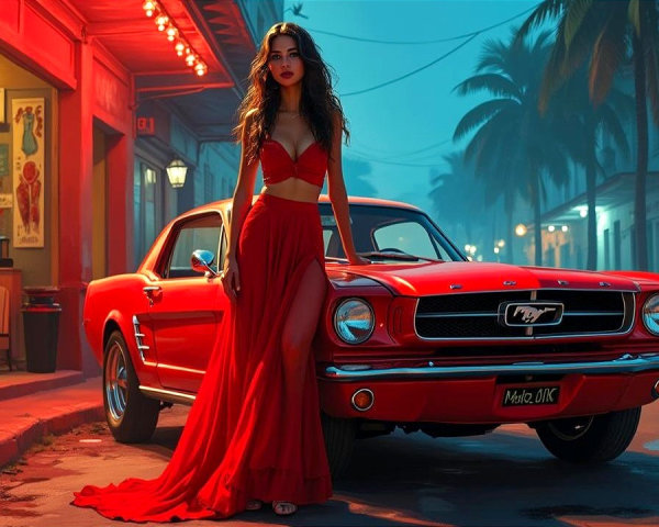 Woman in Red Dress by Classic Red Mustang at Sunset